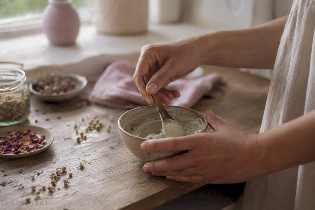Hands mixing botanical facial mask