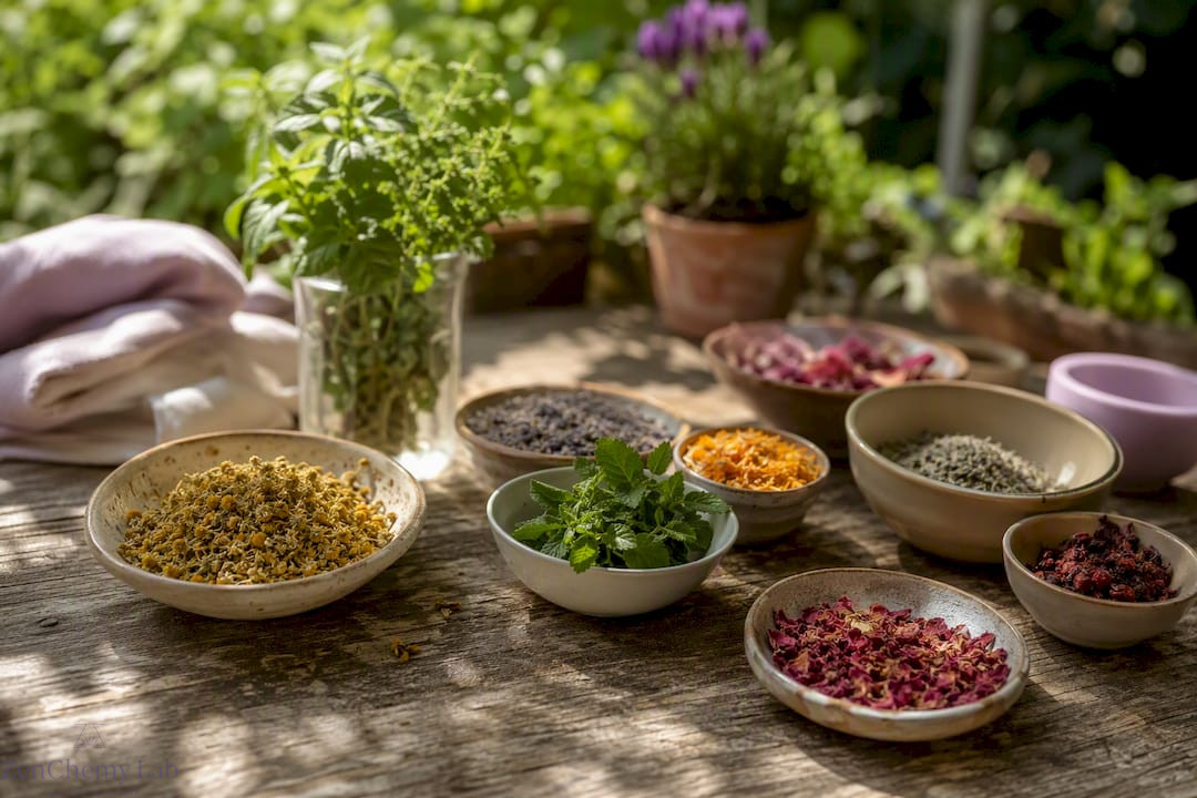 Glass bowls with raw natural skincare ingredients