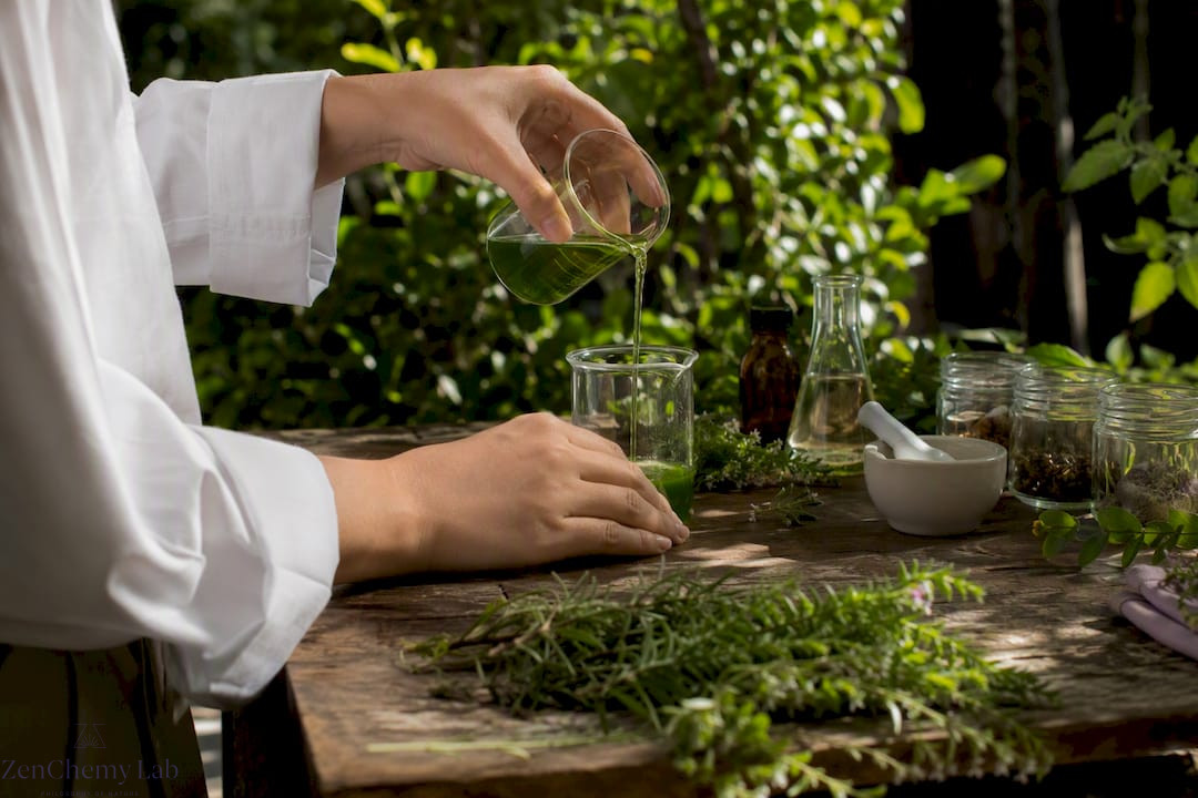 Hands stirring botanical extract in lab glassware