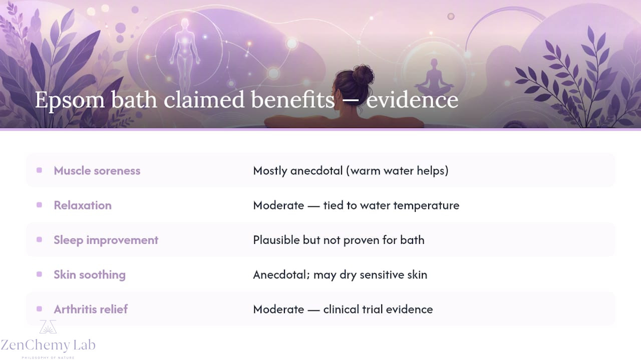 Diagram of Epsom salt bath benefits and evidence levels
