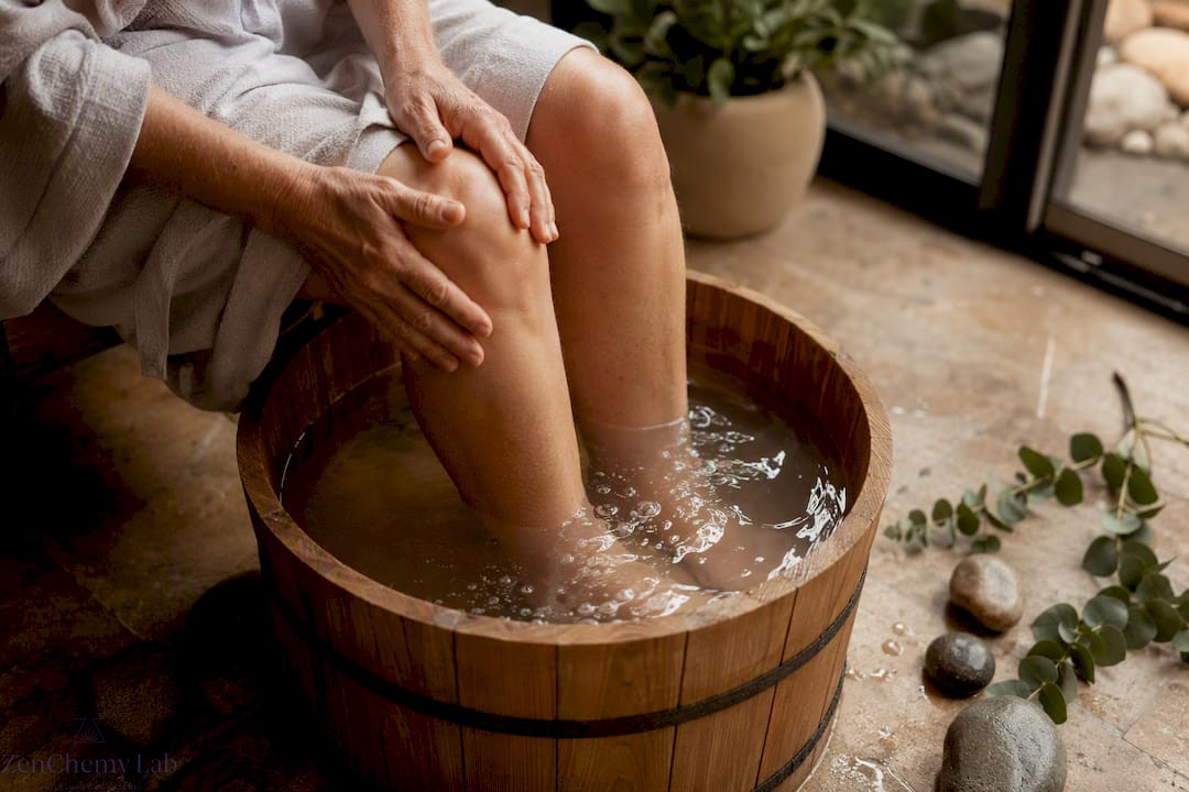 Lower legs in warm Epsom salt soak for arthritis