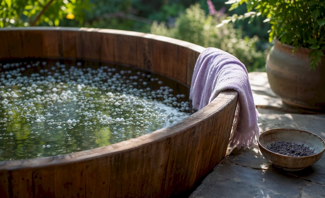 Wooden tub with Epsom salt bath soaking setup