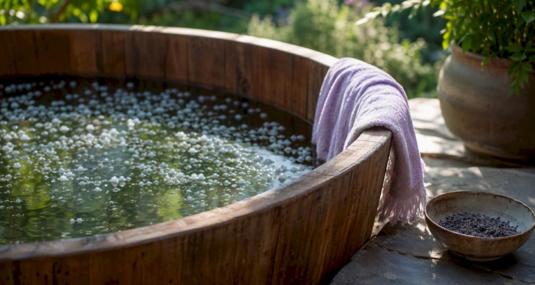 Wooden tub with Epsom salt bath soaking setup