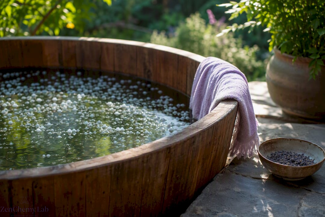 Wooden tub with Epsom salt bath soaking setup