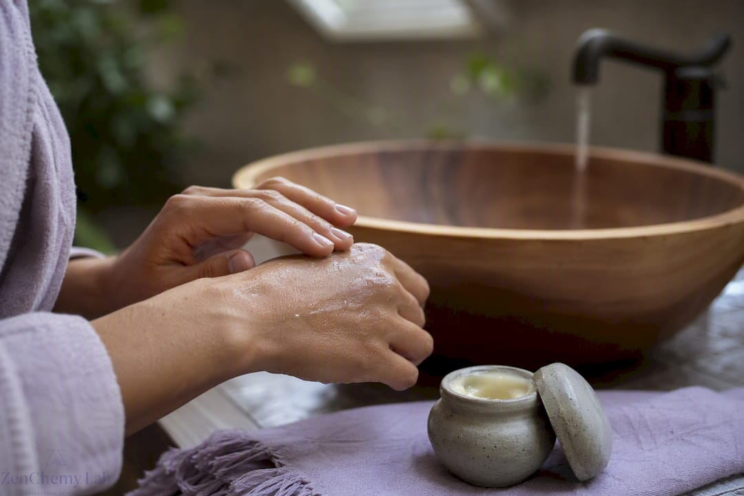 Hands applying balm to dry skin after washing
