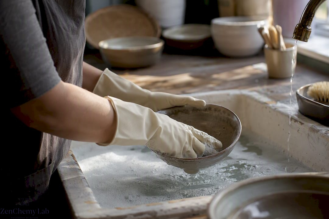 Hands with protective gloves washing dishes