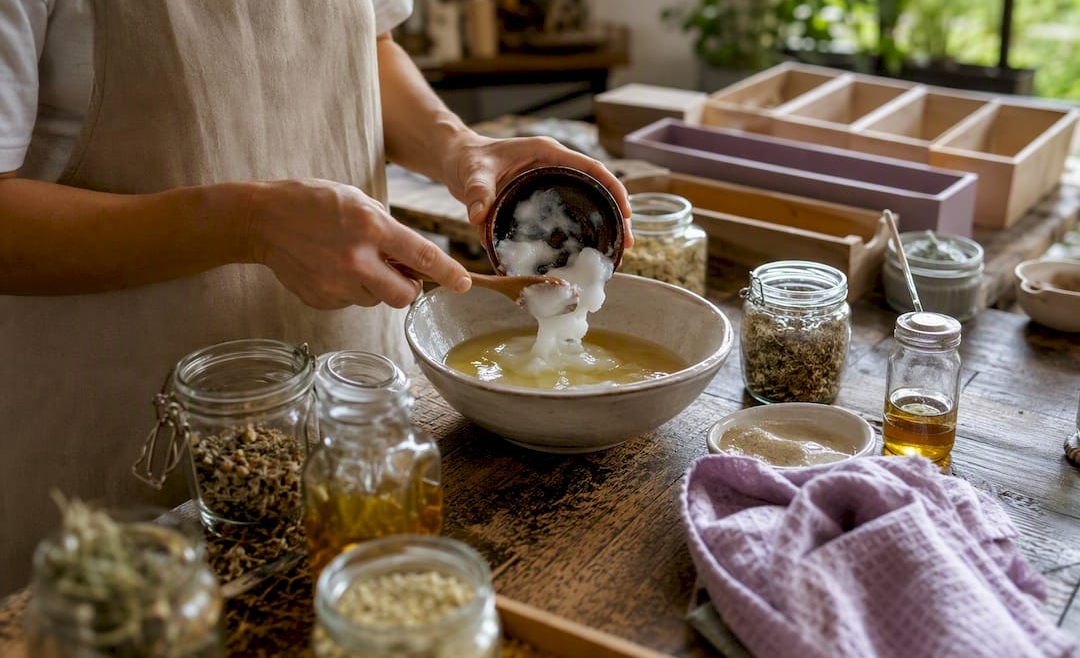Hands pouring coconut oil into soap mix bowl