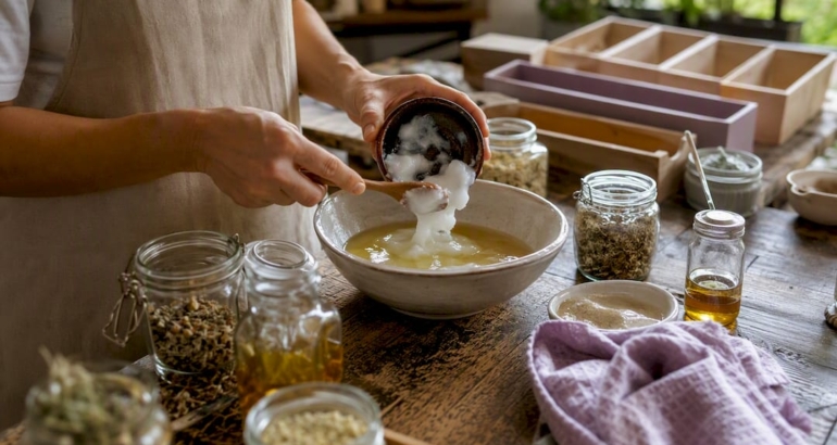 Hands pouring coconut oil into soap mix bowl