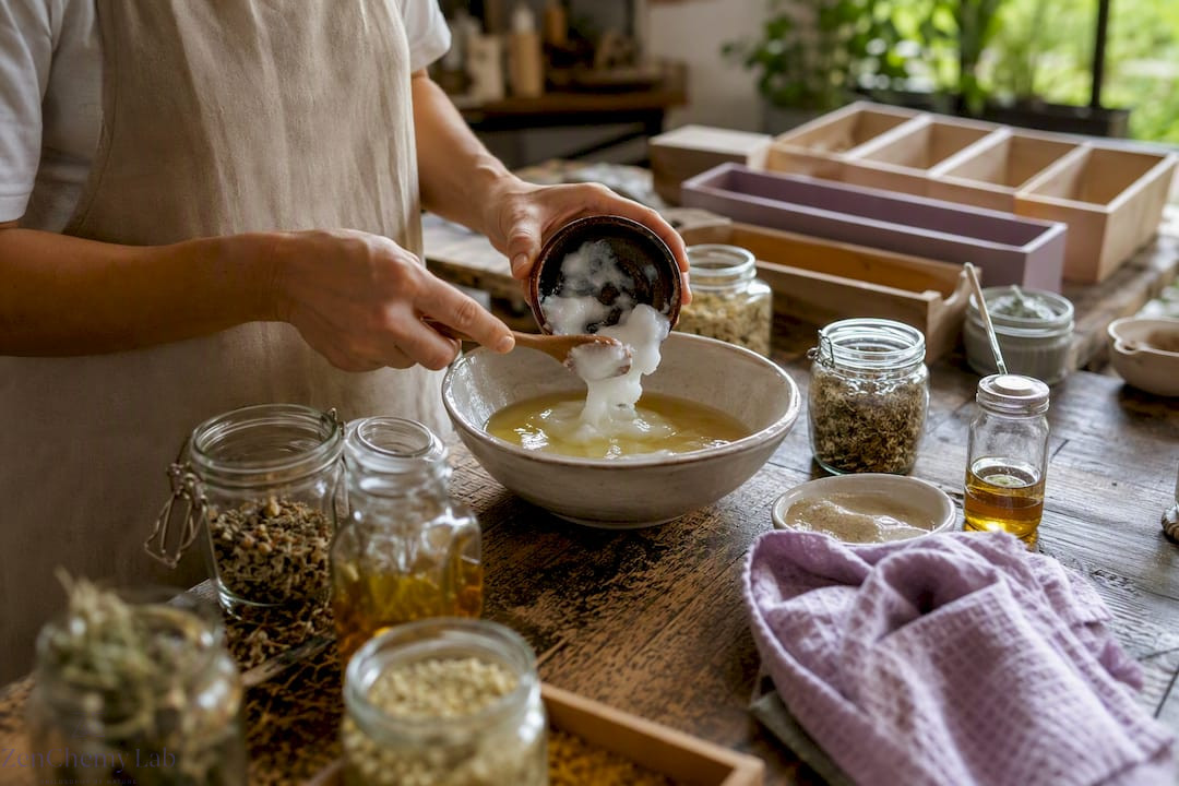 Hands pouring coconut oil into soap mix bowl