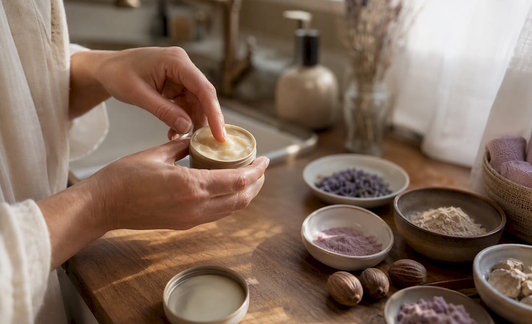 Hands scooping natural deodorant balm with botanicals