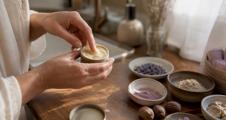 Hands scooping natural deodorant balm with botanicals