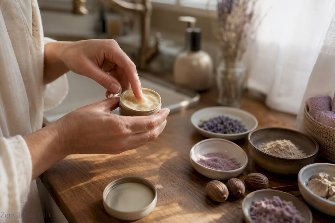 Hands scooping natural deodorant balm with botanicals