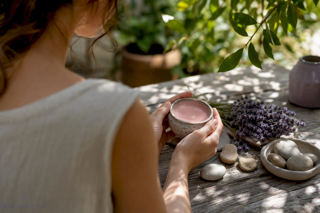 Hands holding natural deodorant balm with botanicals