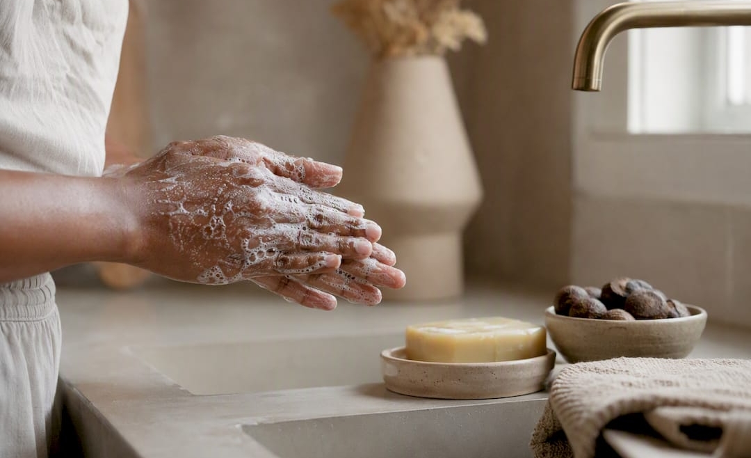 Hands lathering shea butter soap foam