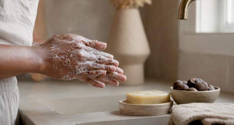 Hands lathering shea butter soap foam