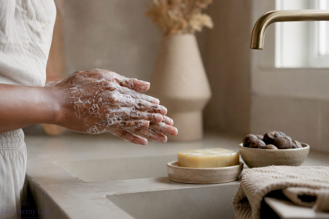 Hands lathering shea butter soap foam