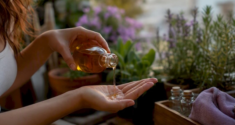 Hands pouring warm carrier oil for massage