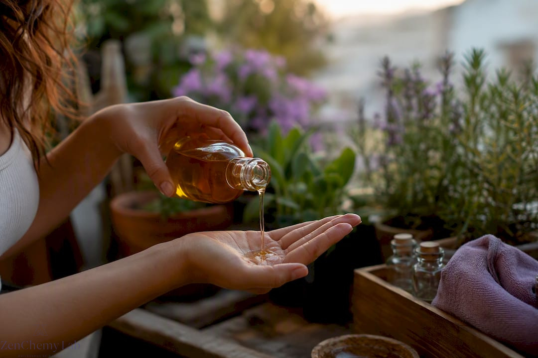 Hands pouring warm carrier oil for massage