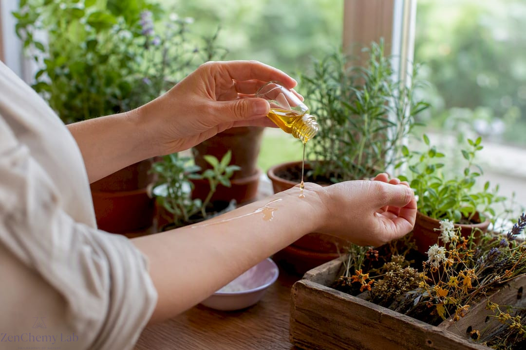 Hands applying carrier oil on skin