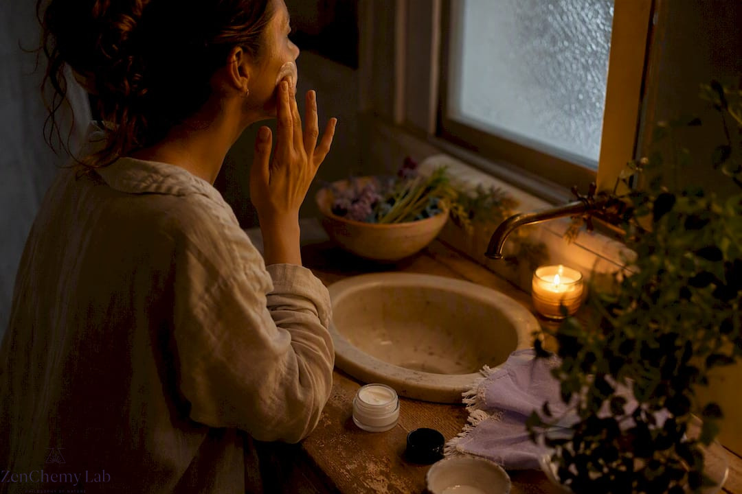Hands applying moisturizer in evening skincare ritual