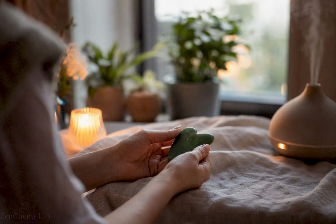 Hands holding jade gua sha stone by candlelight