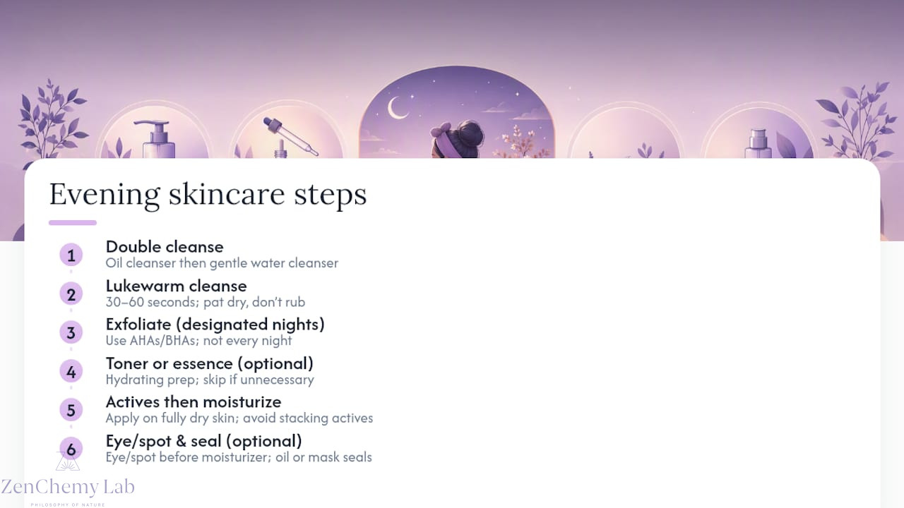 Diagram of five-step evening skincare sequence