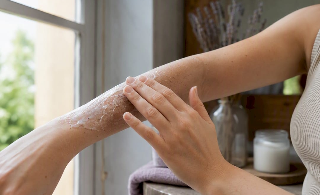 Hands applying exfoliating serum on arm