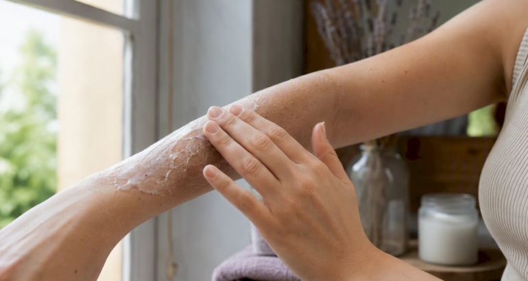 Hands applying exfoliating serum on arm