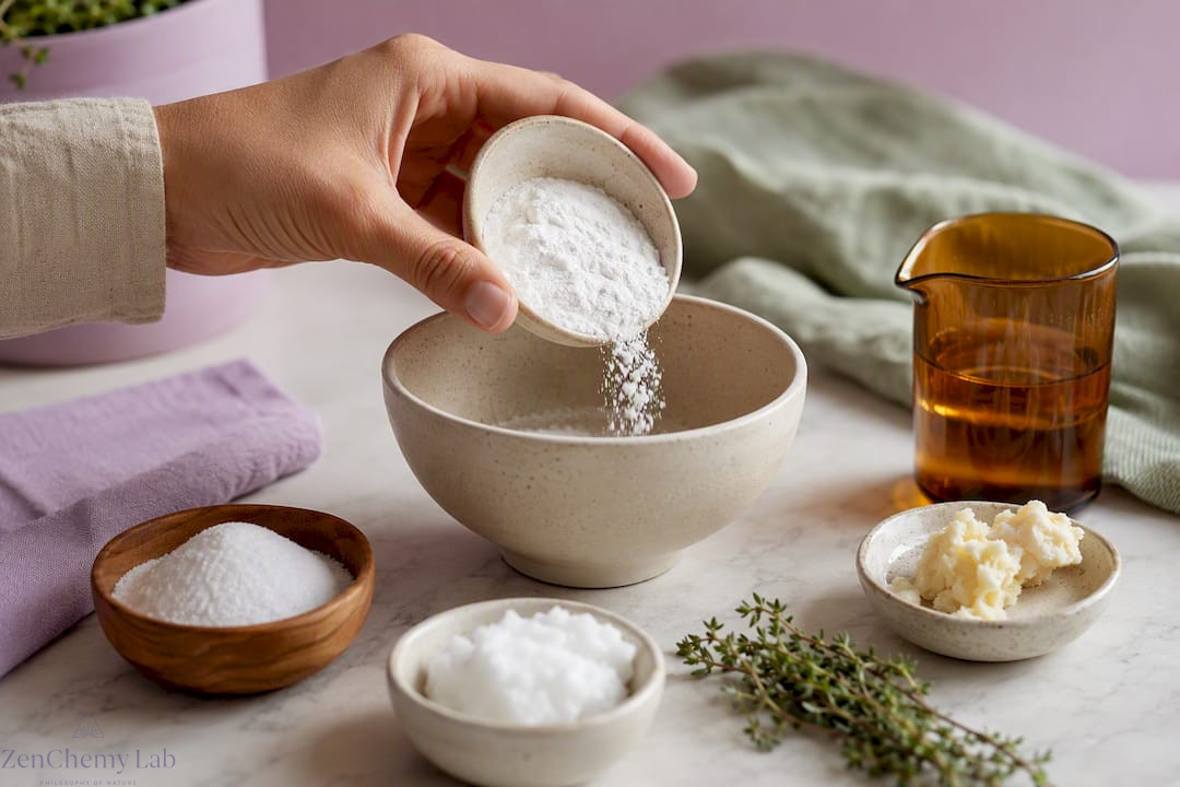 Natural deodorant ingredients in mixing bowl