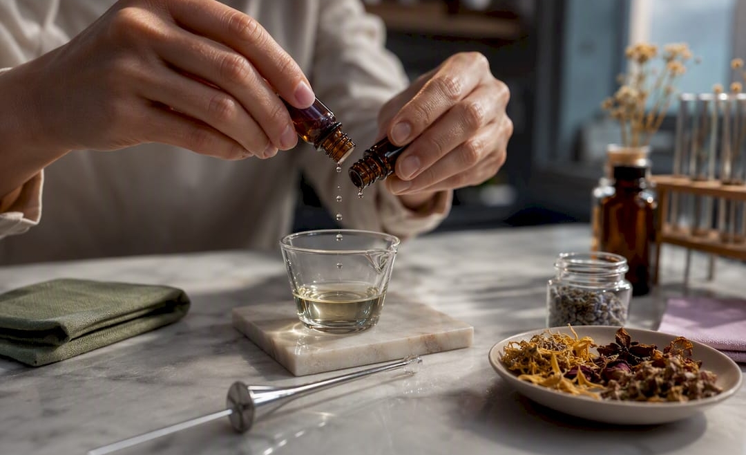 Hands blending scent oils in formulation workspace