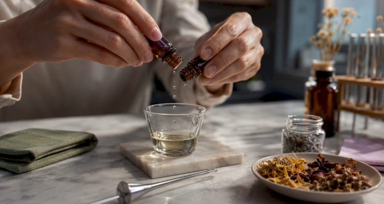 Hands blending scent oils in formulation workspace