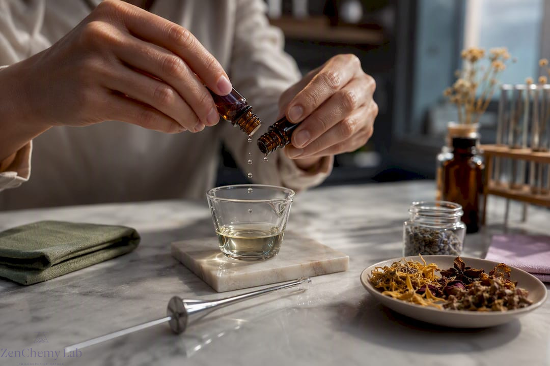 Hands blending scent oils in formulation workspace