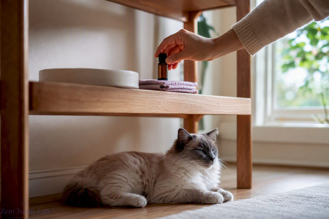 Oil vial stored safely above curious cat