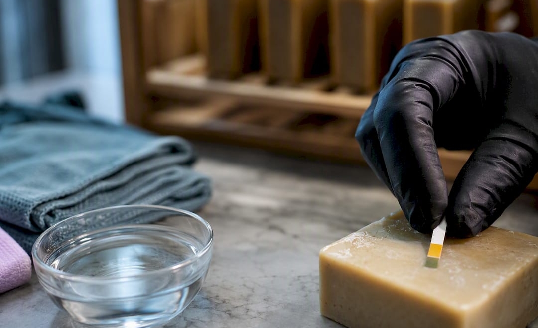 Maker checking pH on a cured soap bar