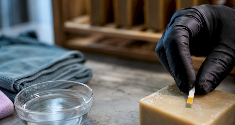 Maker checking pH on a cured soap bar