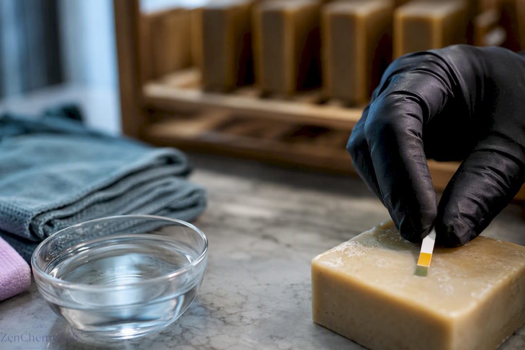Maker checking pH on a cured soap bar