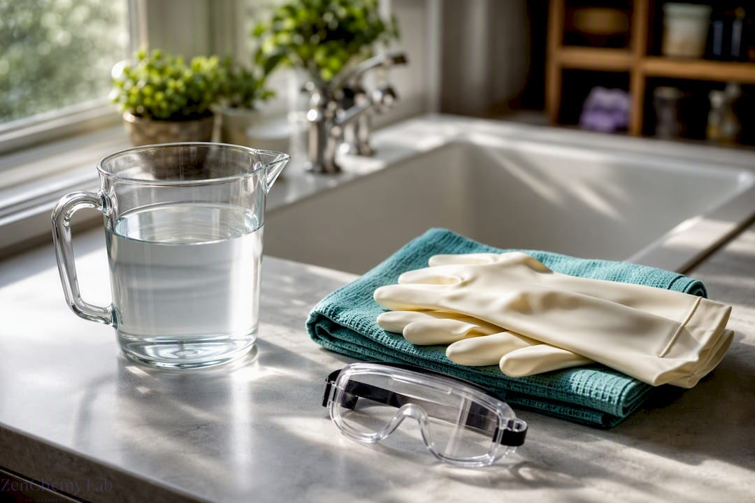 Lye safety setup with rinse water and PPE