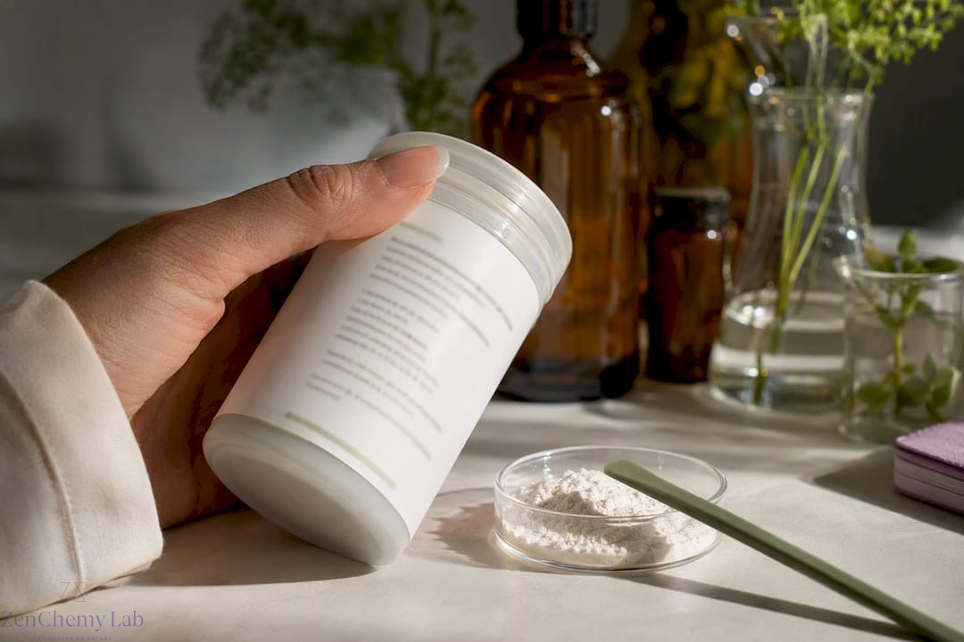 Hand inspecting an anonymous skincare ingredient label