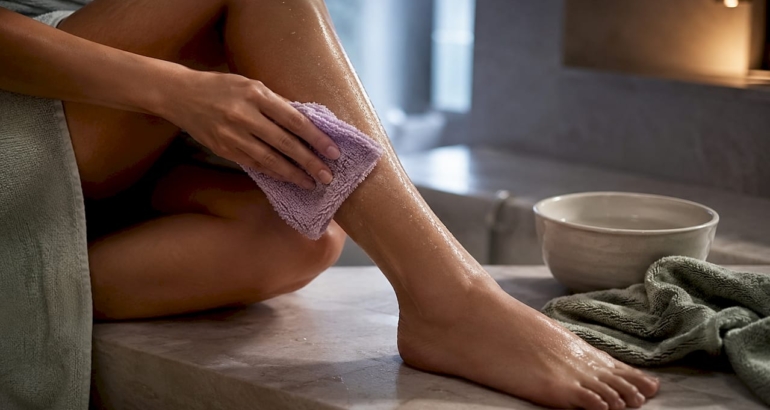 Person gently exfoliating leg with washcloth