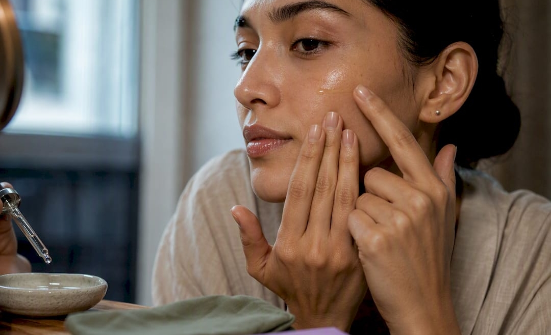 Hands layering serum and face oil