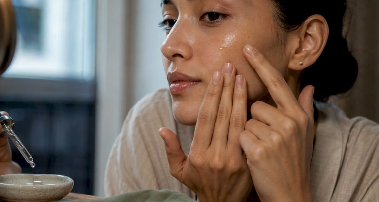 Hands layering serum and face oil