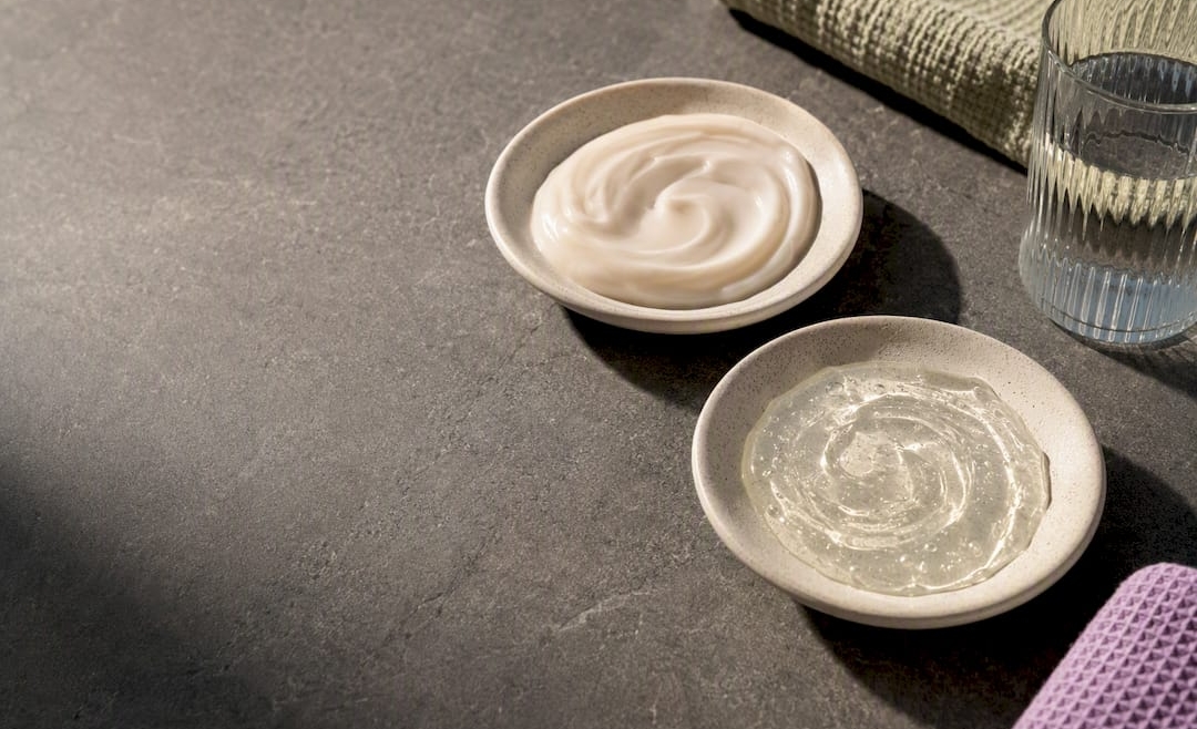 Cream and gel cleanser textures in ceramic dishes