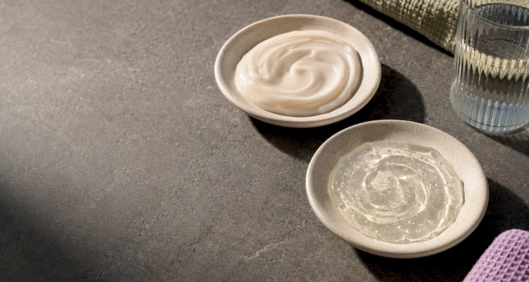 Cream and gel cleanser textures in ceramic dishes