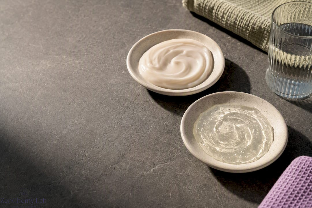 Cream and gel cleanser textures in ceramic dishes