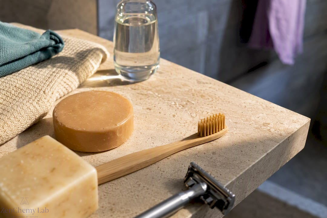 Plastic-free bathroom materials on limestone shelf
