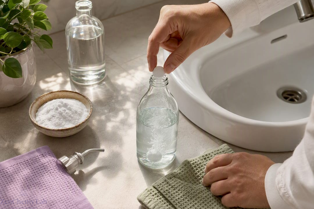Hands dissolving cleaner tablet in refill bottle
