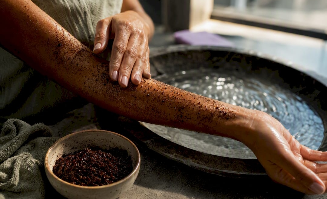 Hands applying coffee scrub to forearm