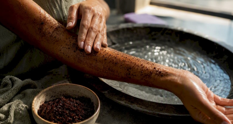 Hands applying coffee scrub to forearm