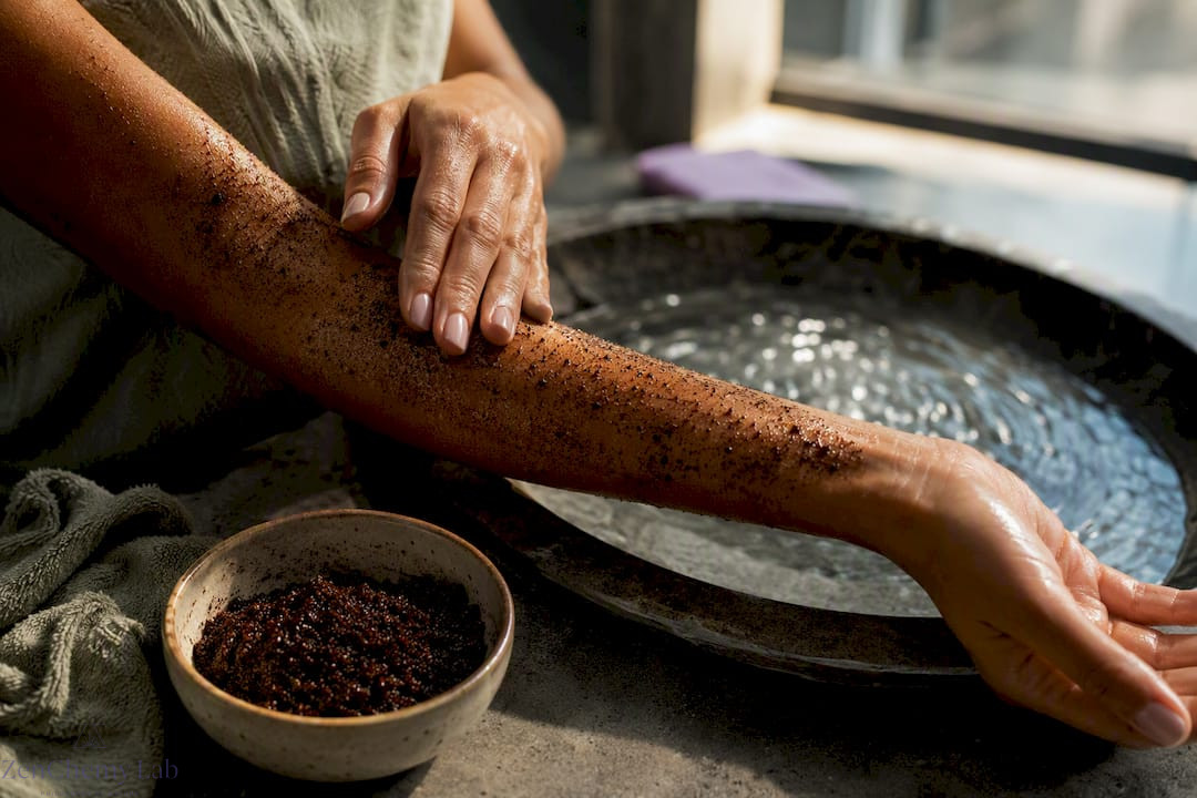Hands applying coffee scrub to forearm