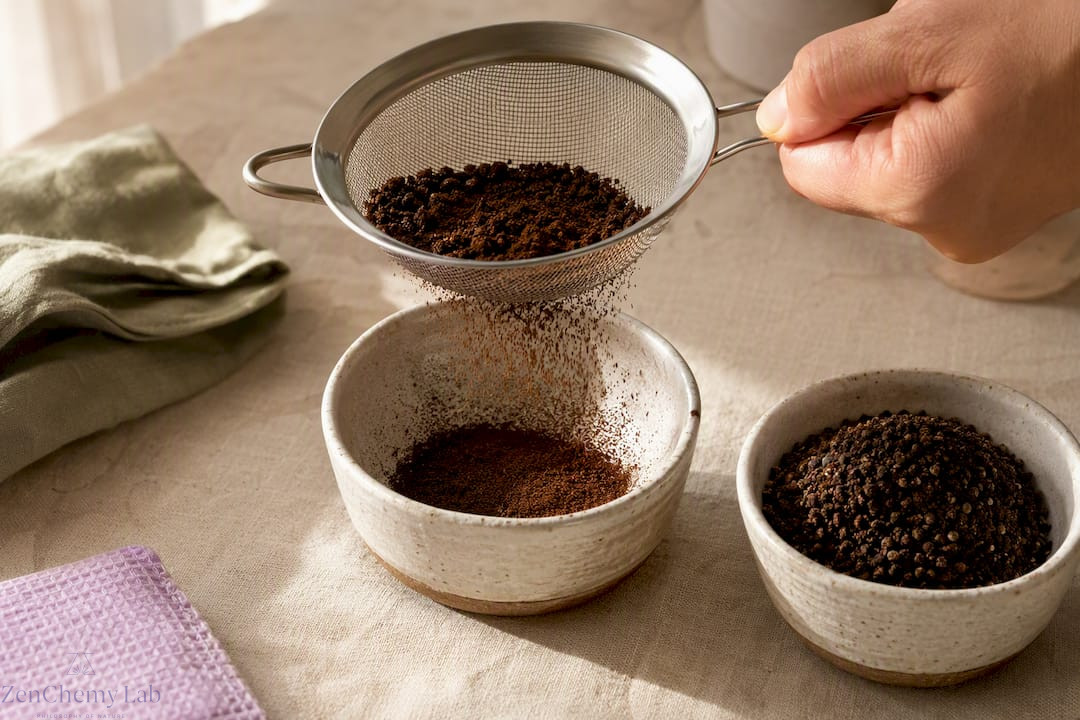 Fine sieve separating coffee scrub grounds